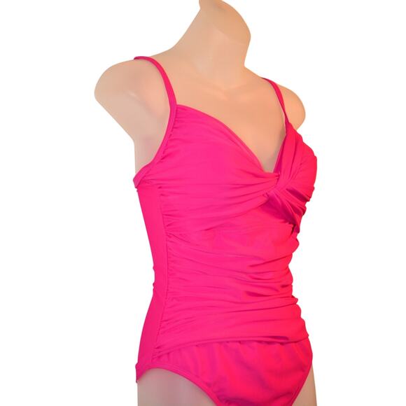 Hilor Women's 8 Ruched Twist Front One Piece Swimsuit Tummy Control Hot Pink NWT - Picture 7 of 12